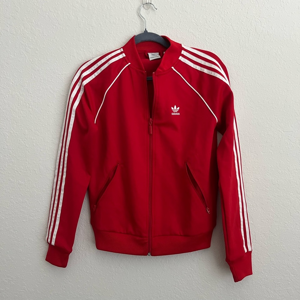 Adidas Red Track Jacket with White Stripes